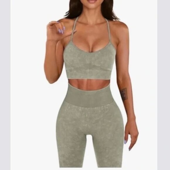 Nwt Acid Wash Workout Yoga Gym Leggings Bra Set - Picture 1 of 7
